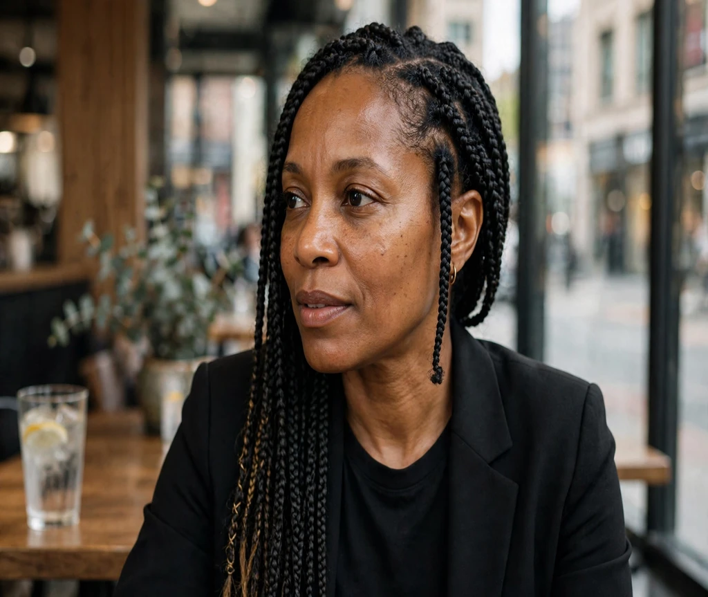Black woman with asymmetric box braids in a downtown cafe