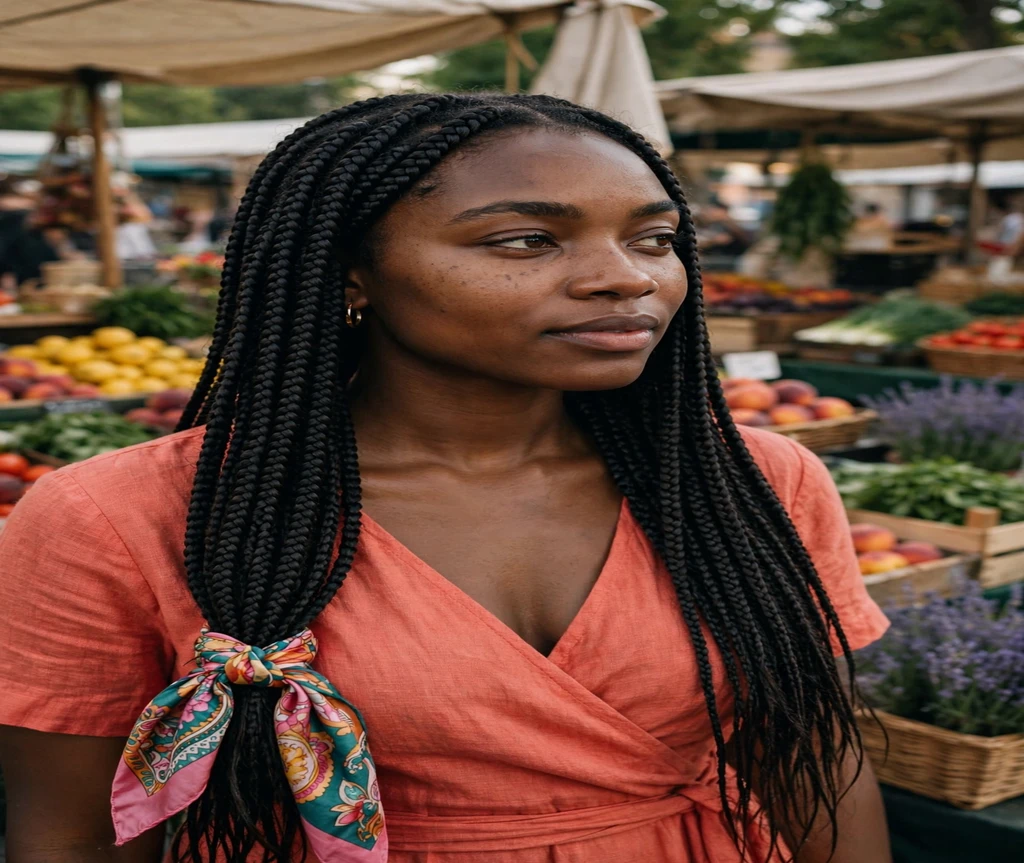 Black woman with box braids and a silk scarf at a summer market