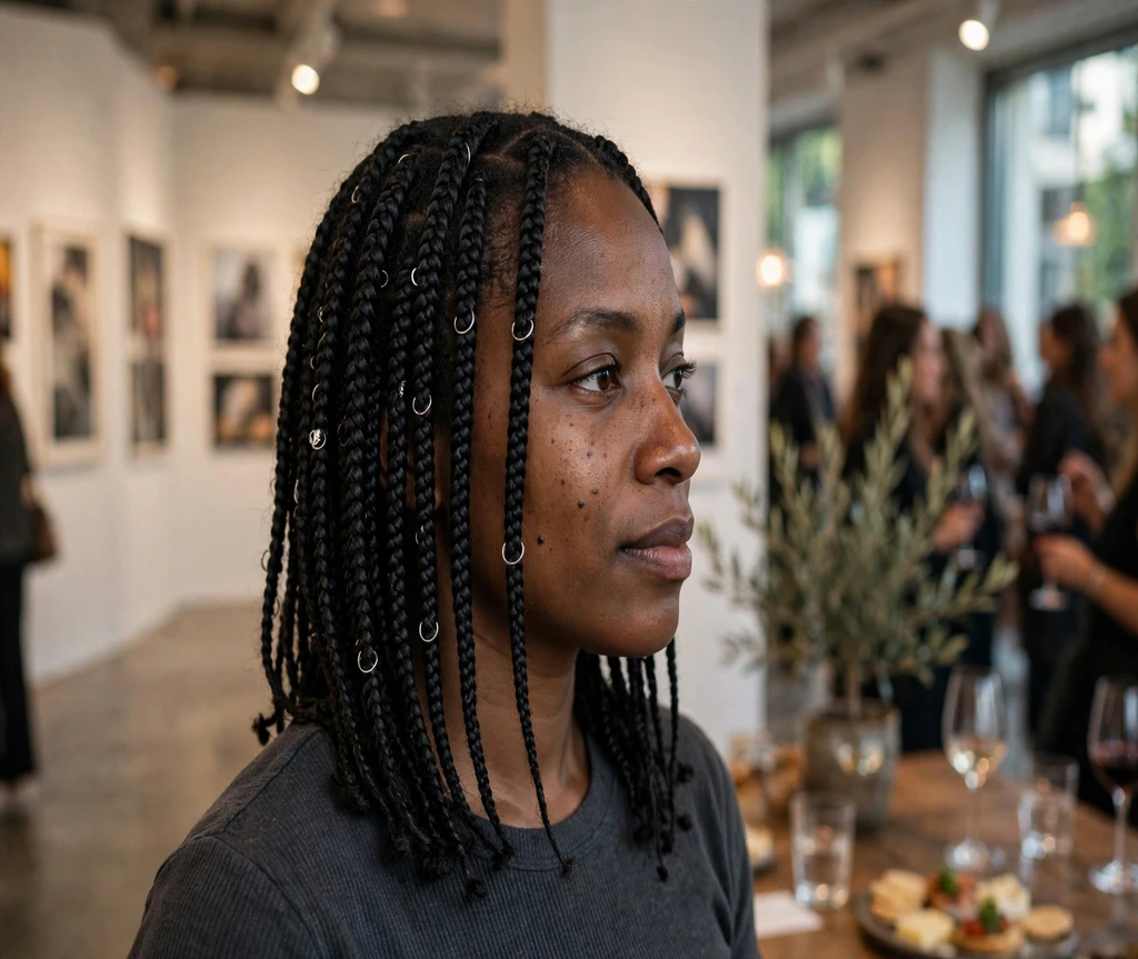 Black woman with silver-ringed box braids at a gallery opening