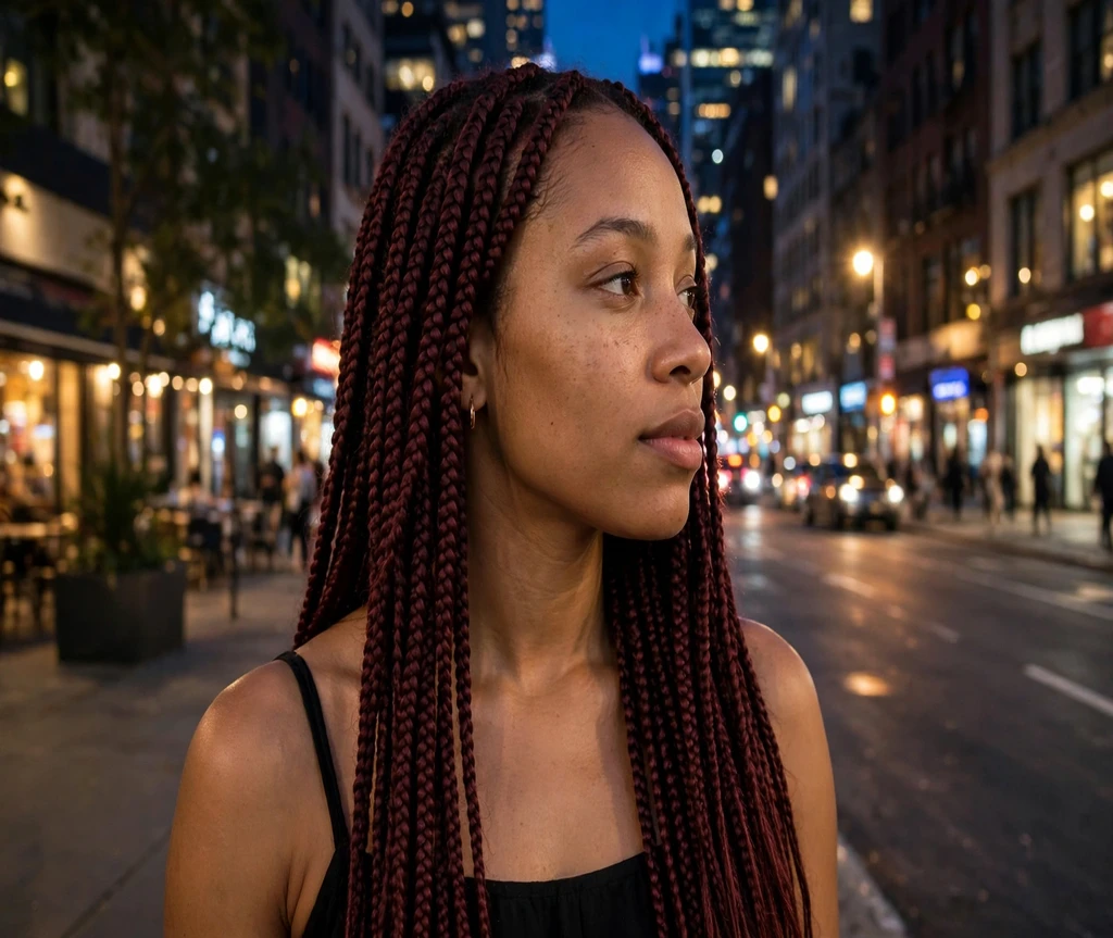 Black woman with burgundy box braids under evening city lights