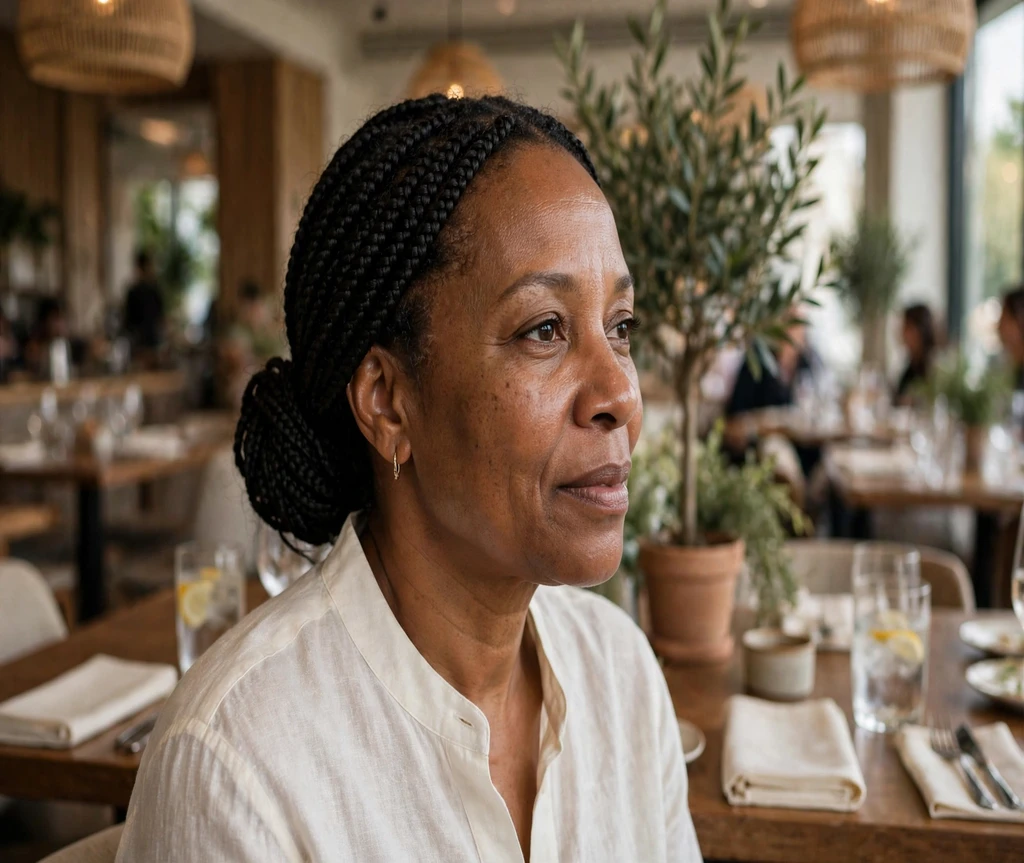 Black woman with box braids in a side bun at an upscale restaurant