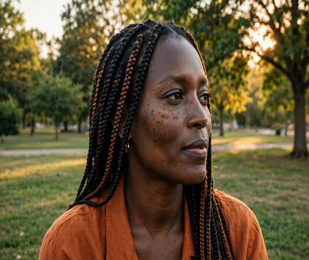 Black woman with copper-highlighted box braids in a golden-hour park