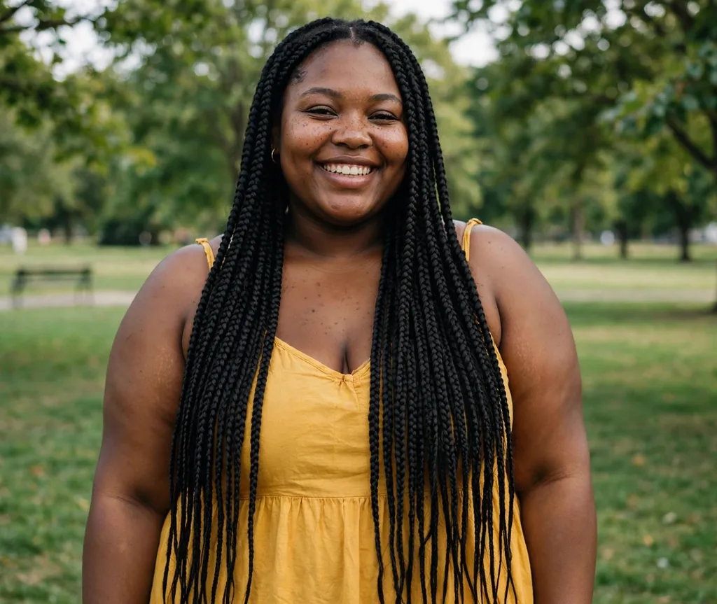 Plus size Black woman with classic long jet black box braids in a yellow sundress at the park