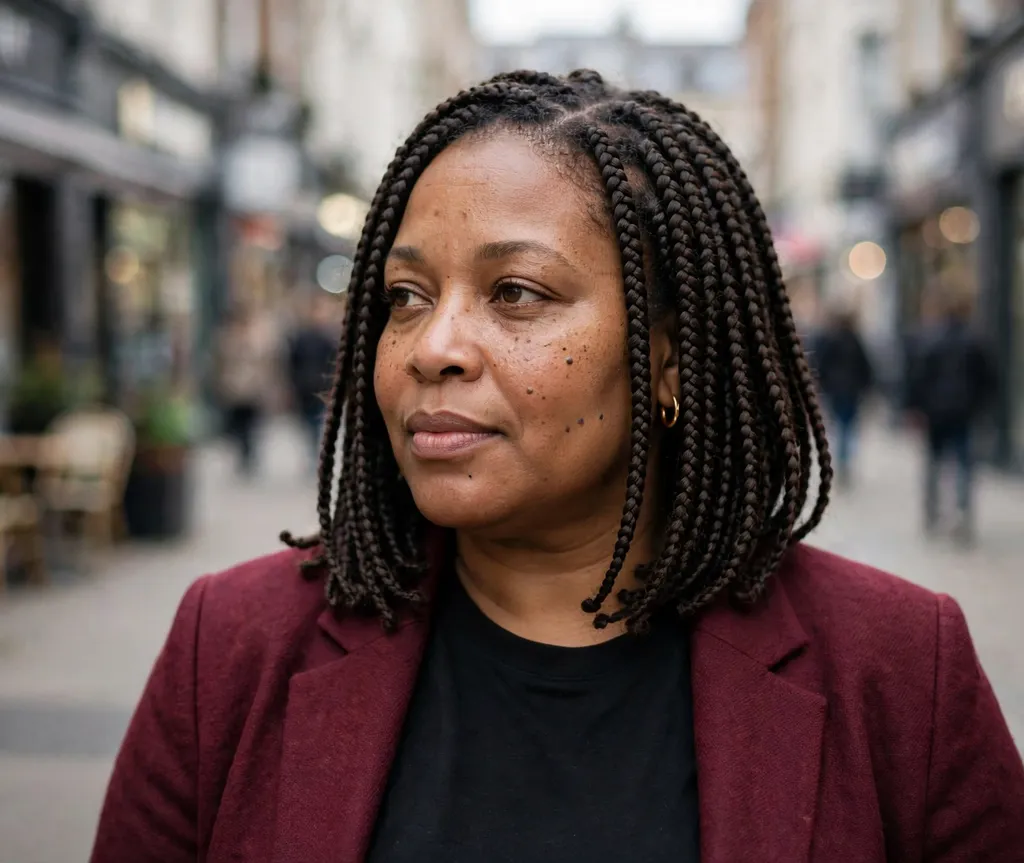 Plus size Black woman with shoulder-length knotless bob braids in dark brown on a city street