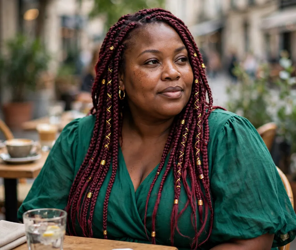 Plus size Black woman with burgundy Fulani braids with gold beads at an outdoor cafe