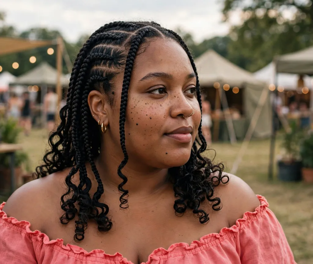 Plus size Black woman with medium-length black cornrows styled into curly ends at a summer festival