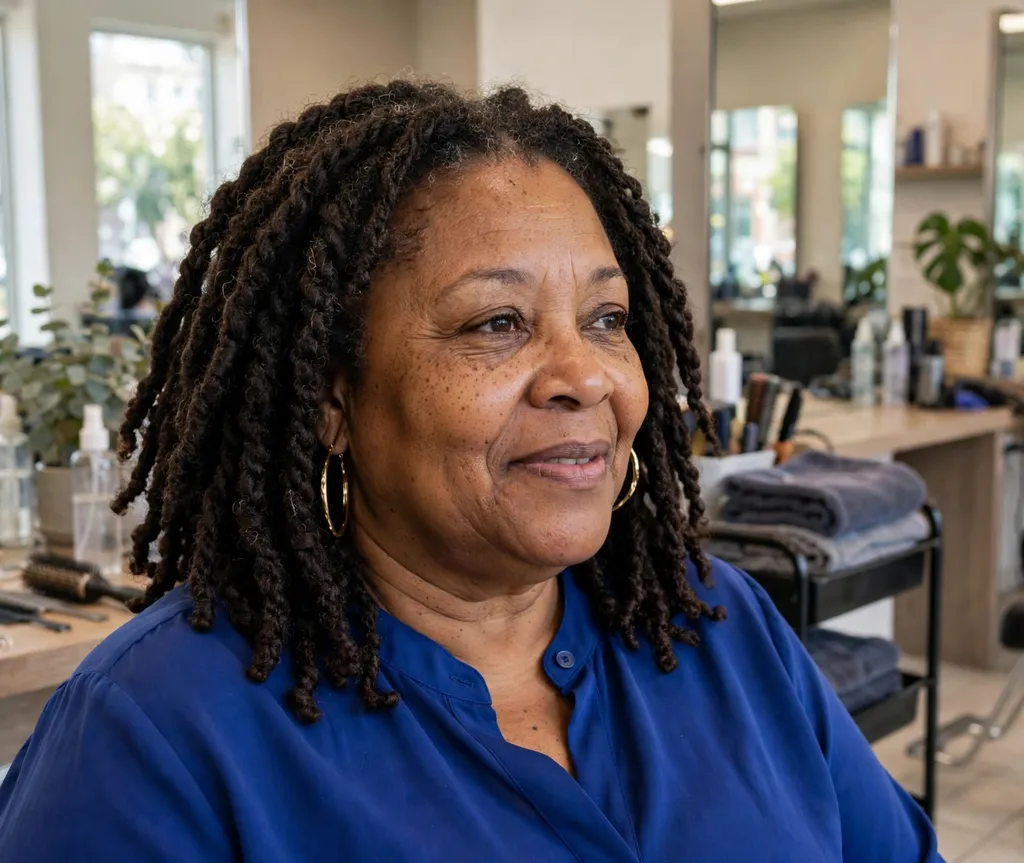 Plus size Black woman in her 50s with shoulder-length jumbo twists in dark brown hair at a salon