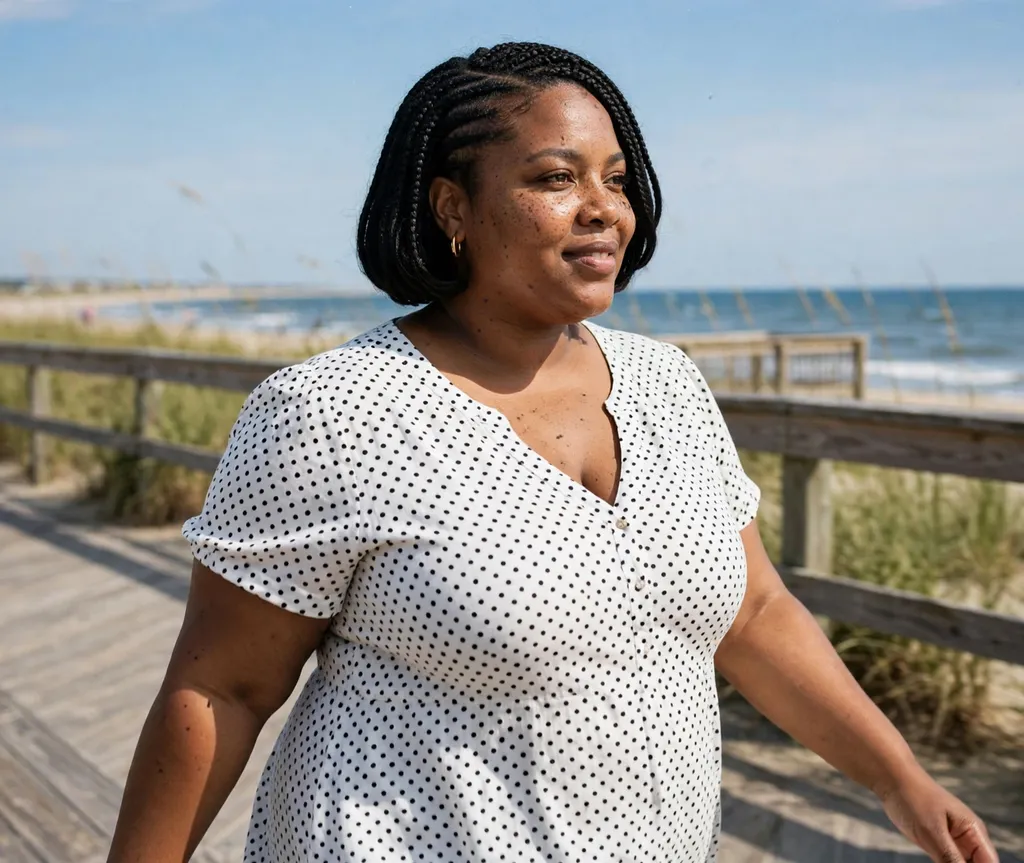 Plus size Black woman with a braided bob with a deep side part in black hair on a beach boardwalk