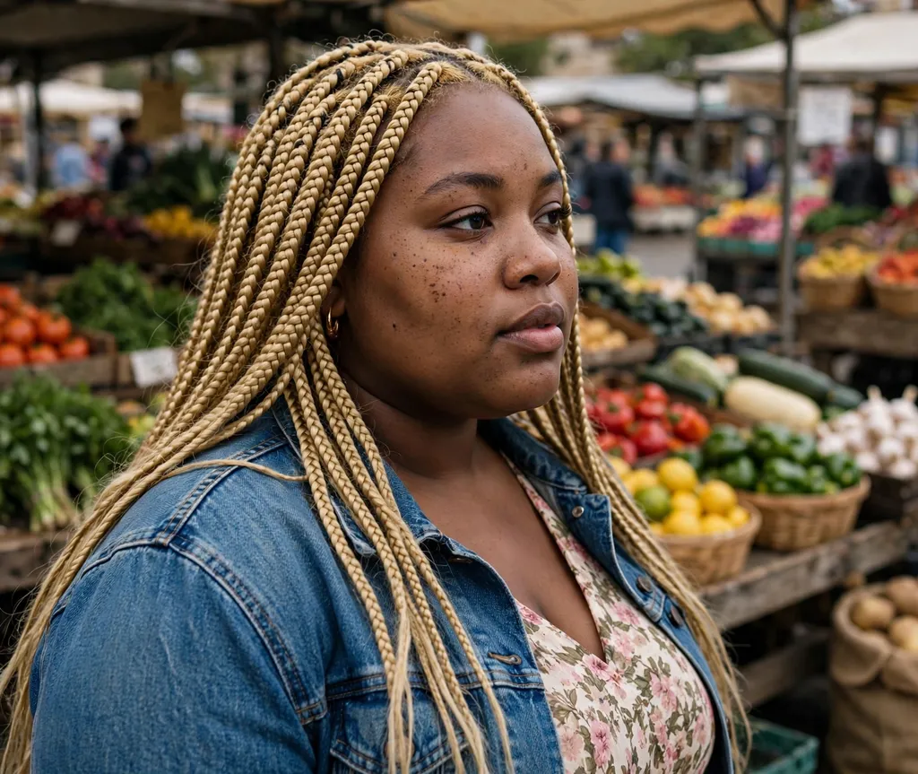 Plus size Black woman with golden blonde box braids past her shoulders at a farmers market