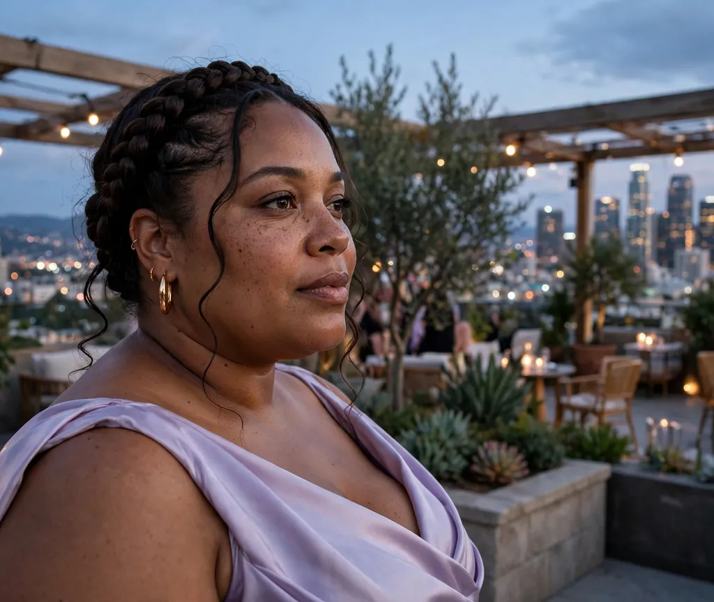 Plus size Black woman with a halo crown braid wrapped around her head at a rooftop event