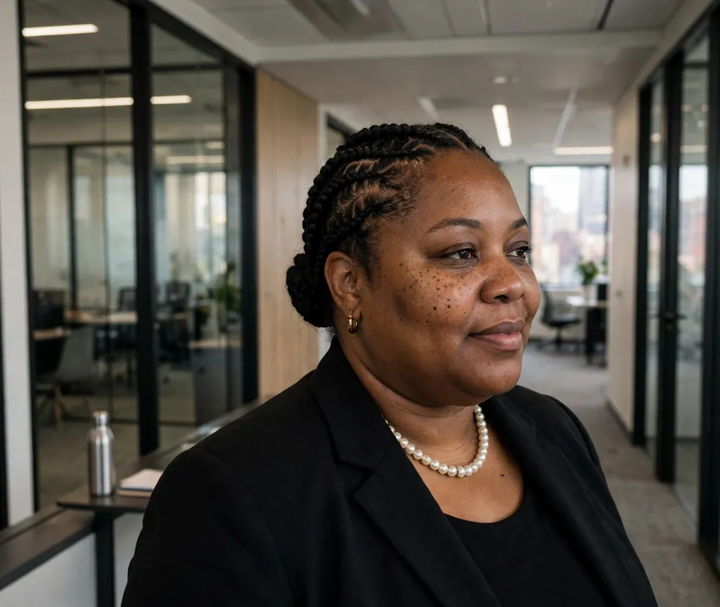 Plus size Black woman with feed-in cornrows pulled into a sleek low bun in an office