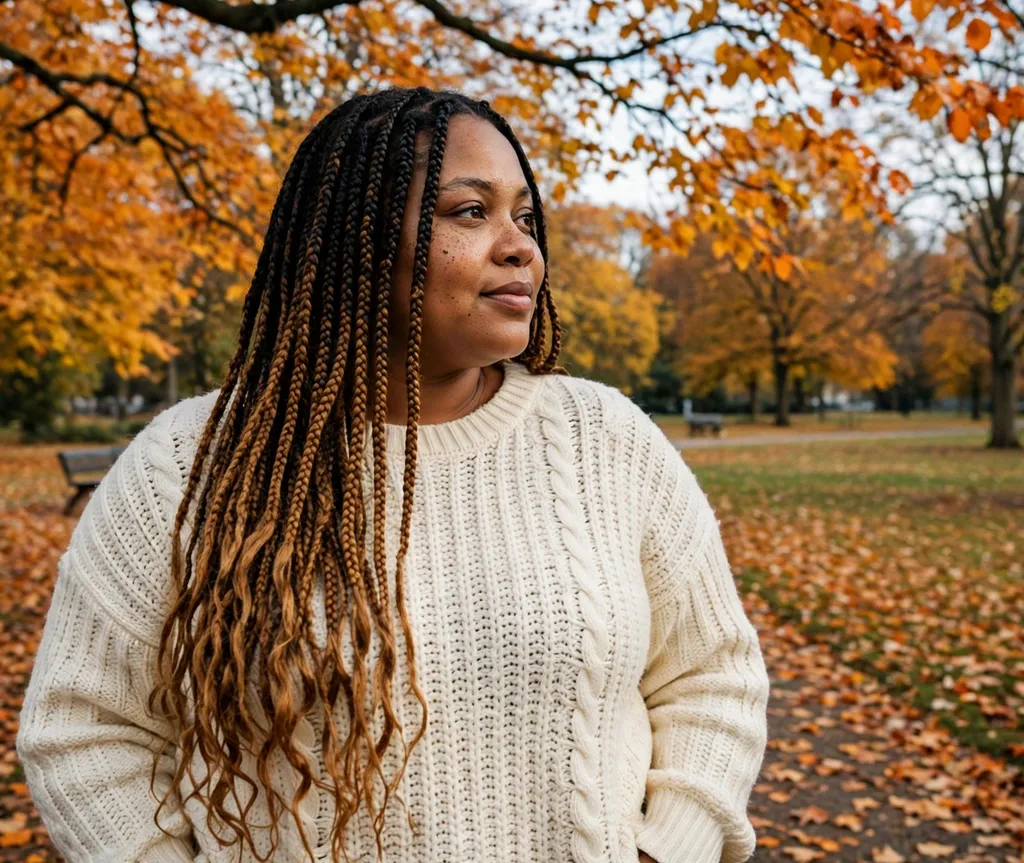 Plus size Black woman with ombre knotless braids fading from black to honey brown in an autumn park