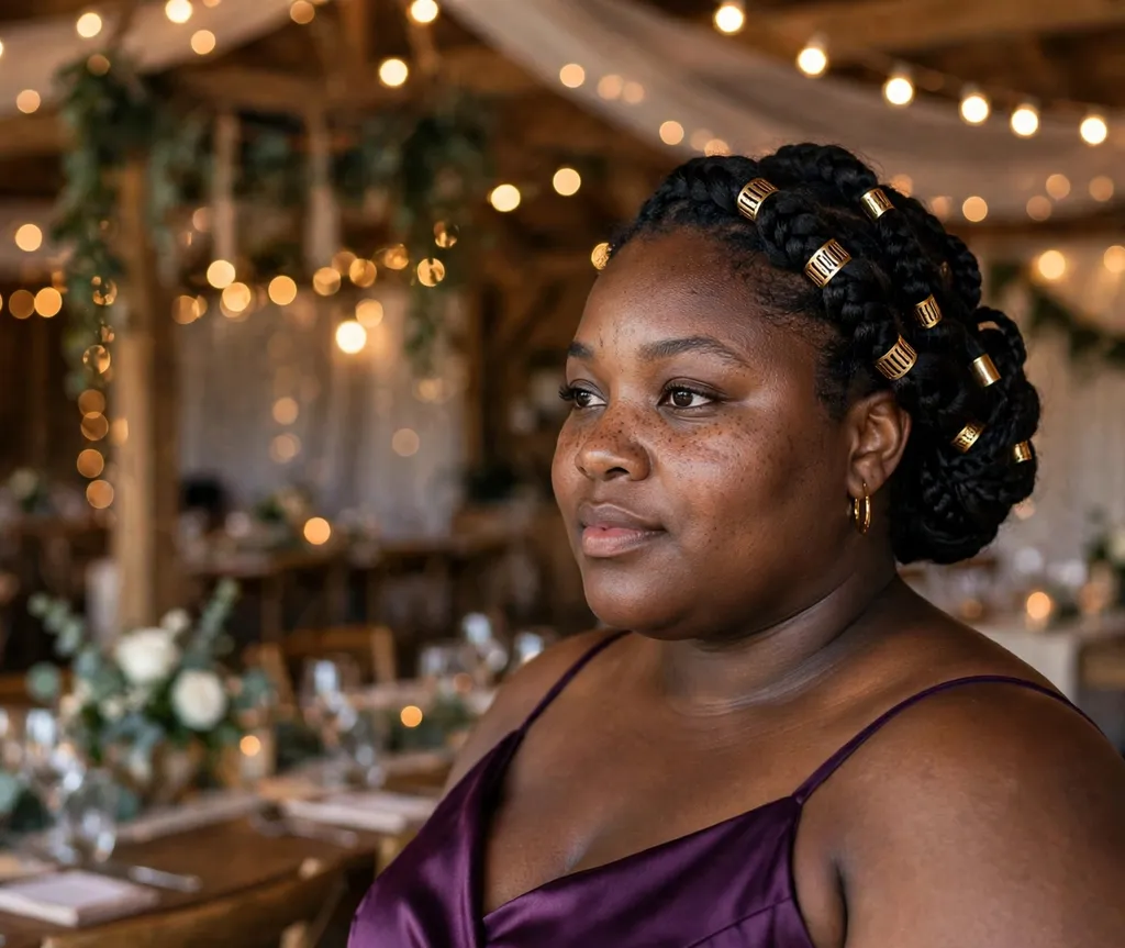 Plus size Black woman with a side-swept braided updo with gold cuffs at a wedding reception