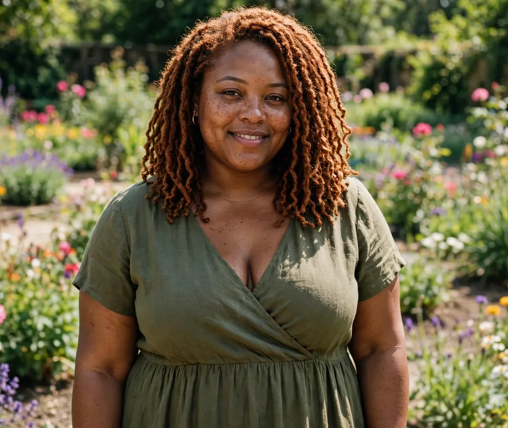 Plus size Black woman with copper-colored goddess locs to her shoulders in a botanical garden