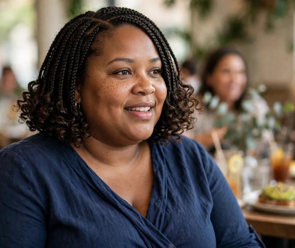 Plus size Black woman with a braided bob with bouncy curly ends in dark brown hair at brunch