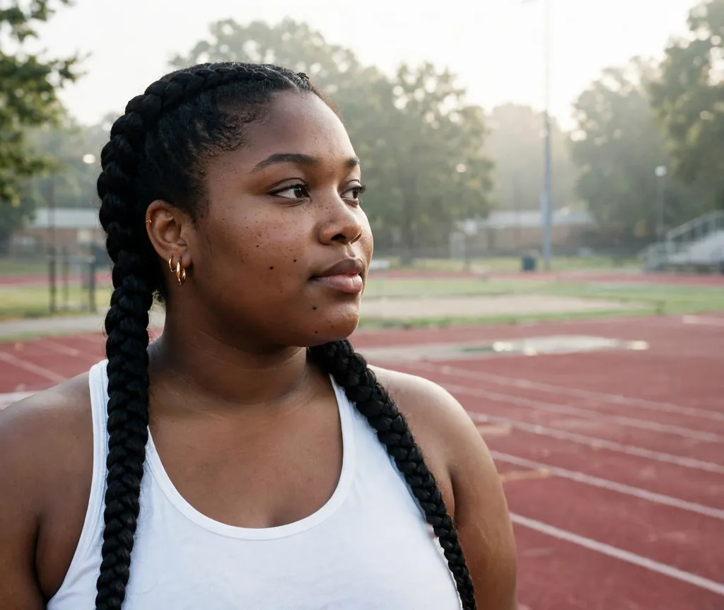 Plus size Black woman with two chunky cornrows in jet black hair on a running track
