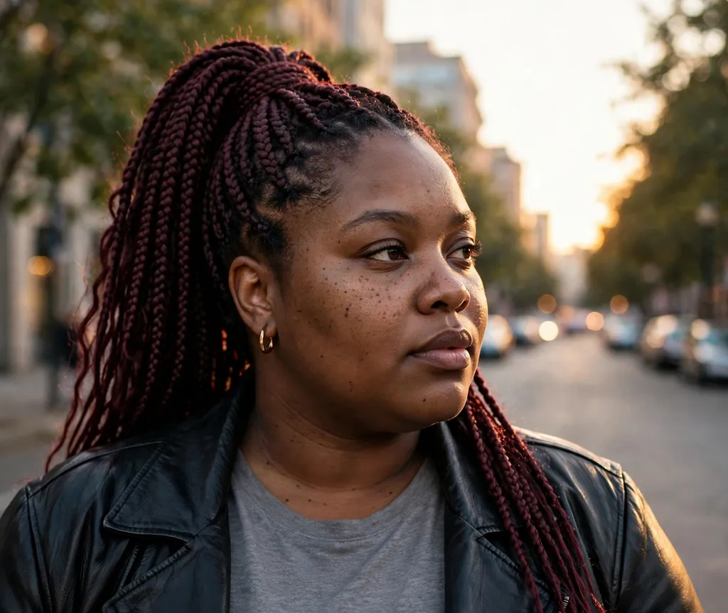 Plus size Black woman with a high burgundy braided ponytail on a city street at golden hour