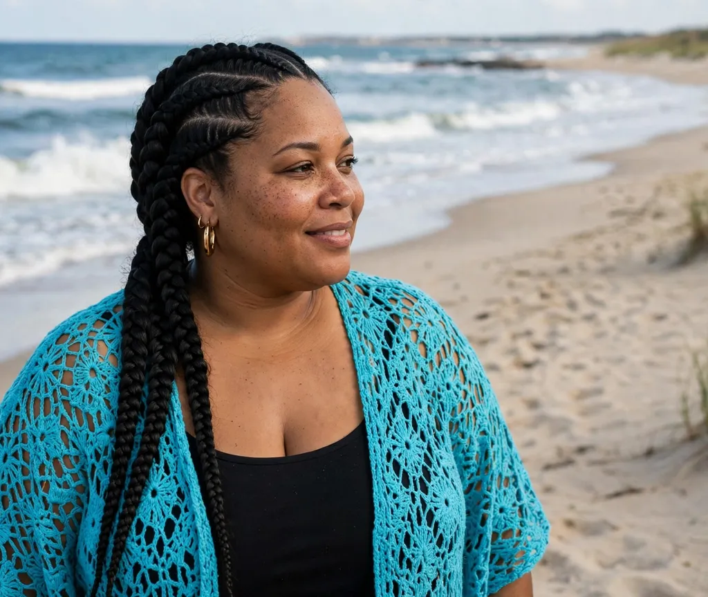 Plus size Black woman with lemonade braids swept to one side on a sandy beach