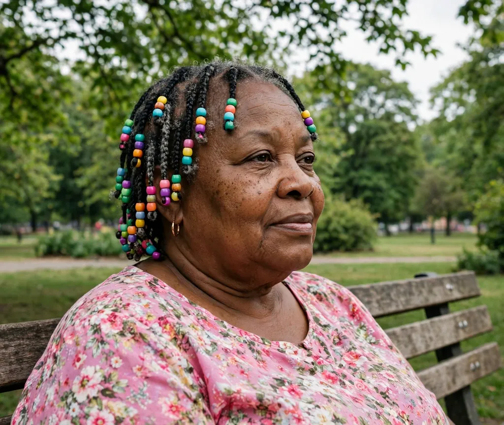 Plus size Black woman in her 60s with short knotless braids with colorful beads on a park bench