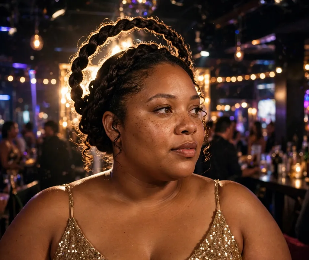 Plus size Black woman with a halo twist updo in dark brown hair at a nightclub event