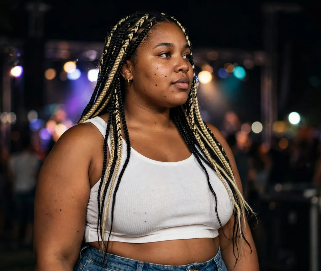 Plus size Black woman with black and blonde peek-a-boo box braids at a music concert