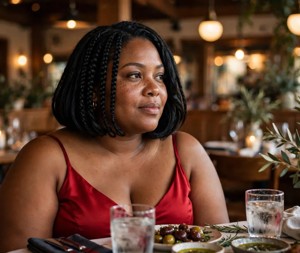 Plus size Black woman with a chin-length goddess braids bob in jet black hair at a restaurant