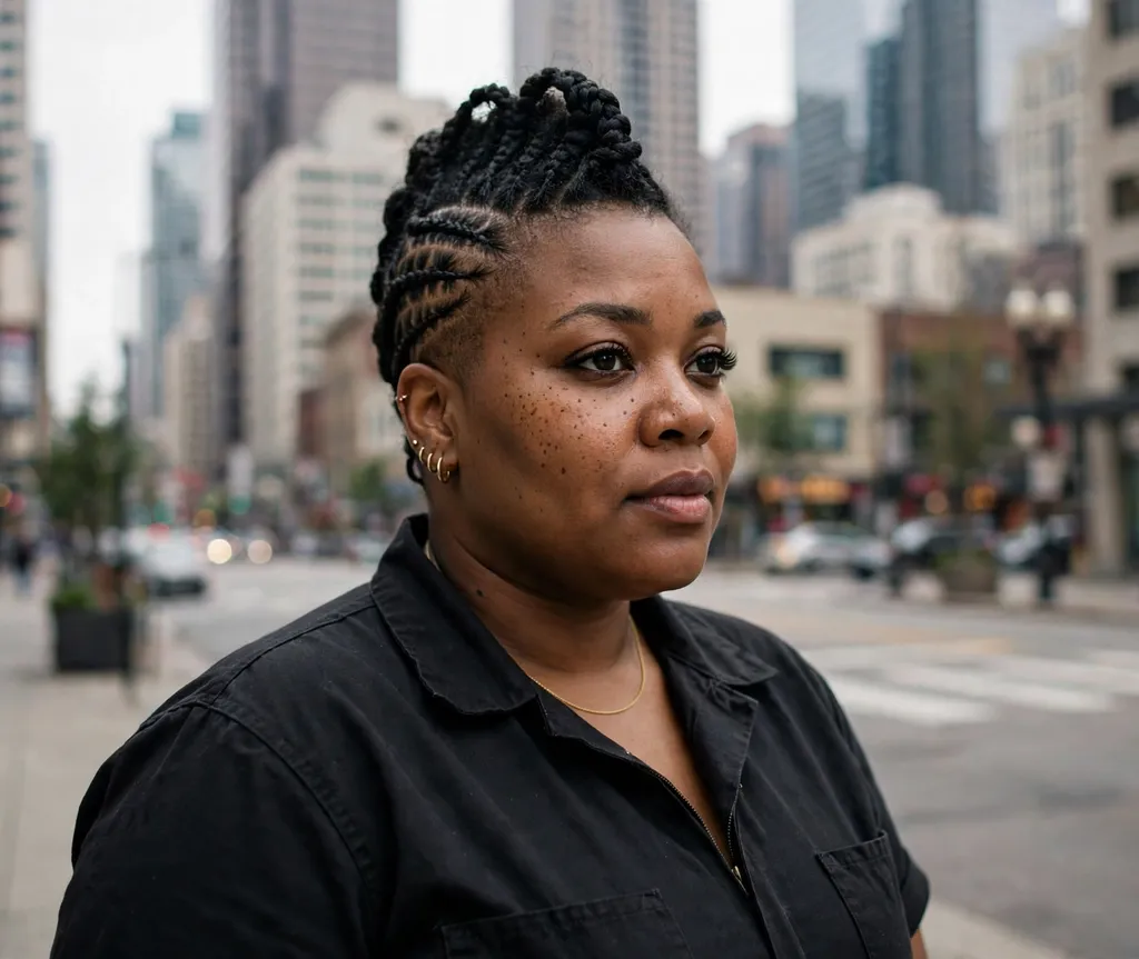 Plus size Black woman with a cornrow mohawk updo in black hair on a downtown street