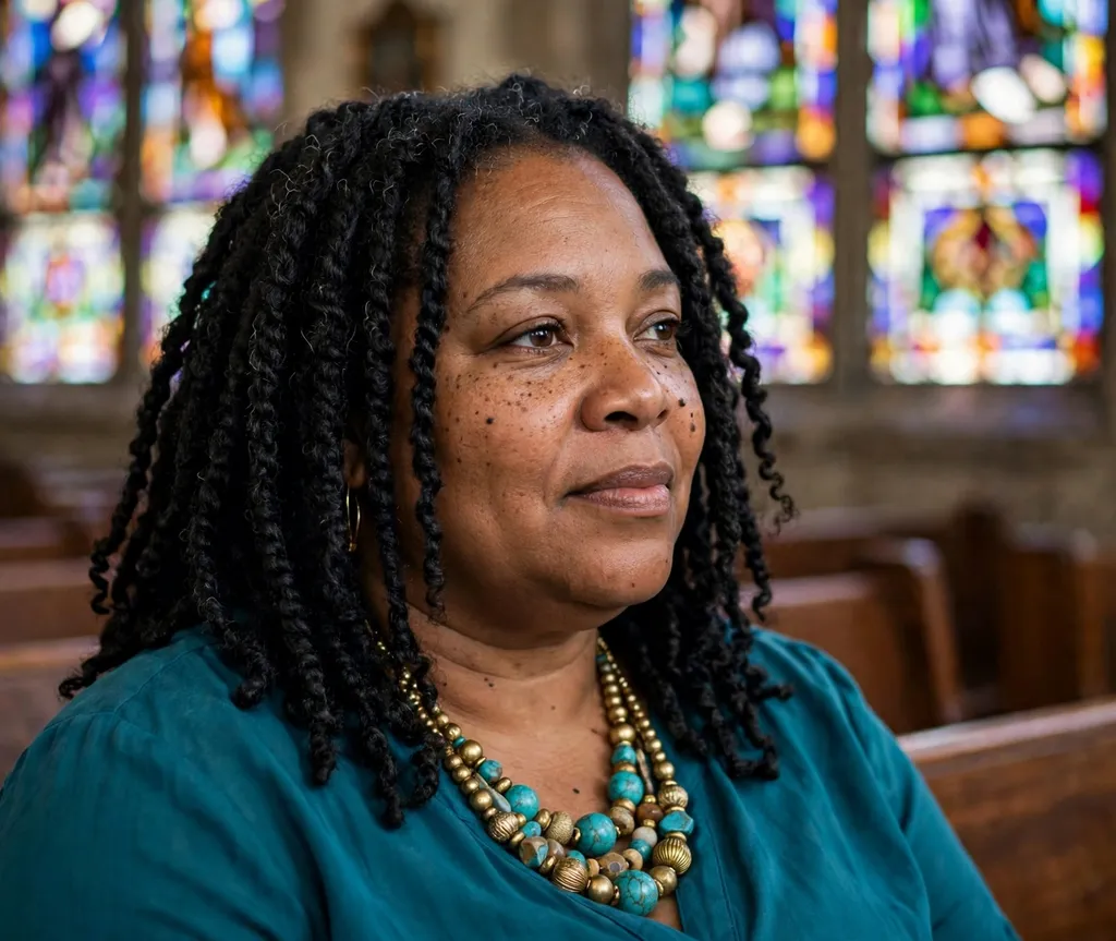 Plus size Black woman with shoulder-length Marley twists in black hair in a church