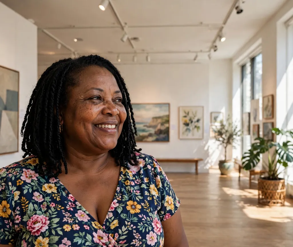 Plus size Black woman with shoulder-length Senegalese twists in jet black hair at an art gallery