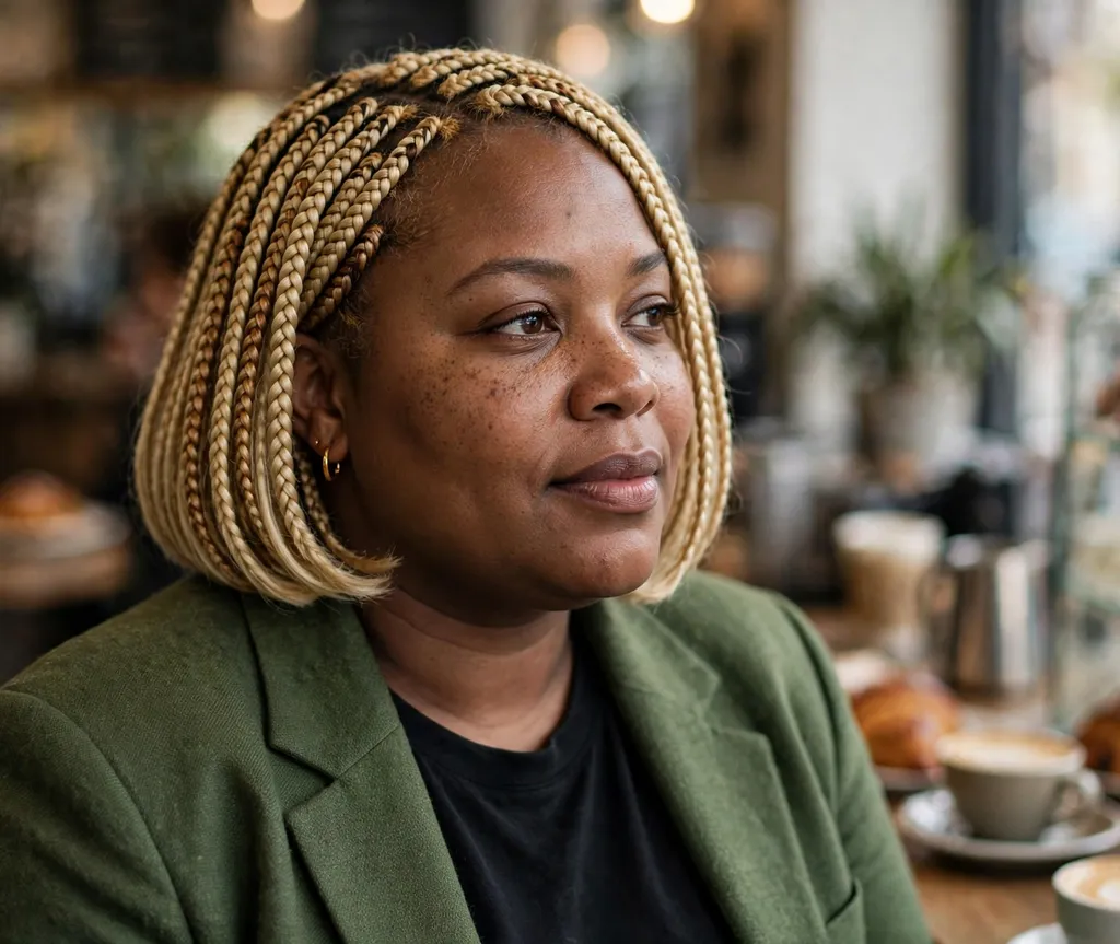 Plus size Black woman with a honey blonde braided bob at a coffee shop