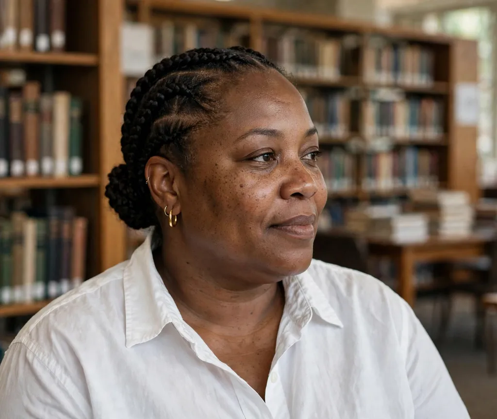 Plus size Black woman with stitch braids pulled into a neat low bun in a library