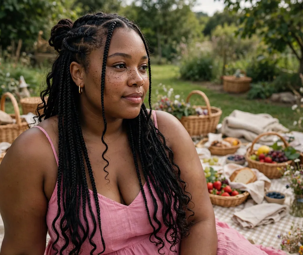 Plus size Black woman with a half-up braided style with long loose braids at a garden picnic
