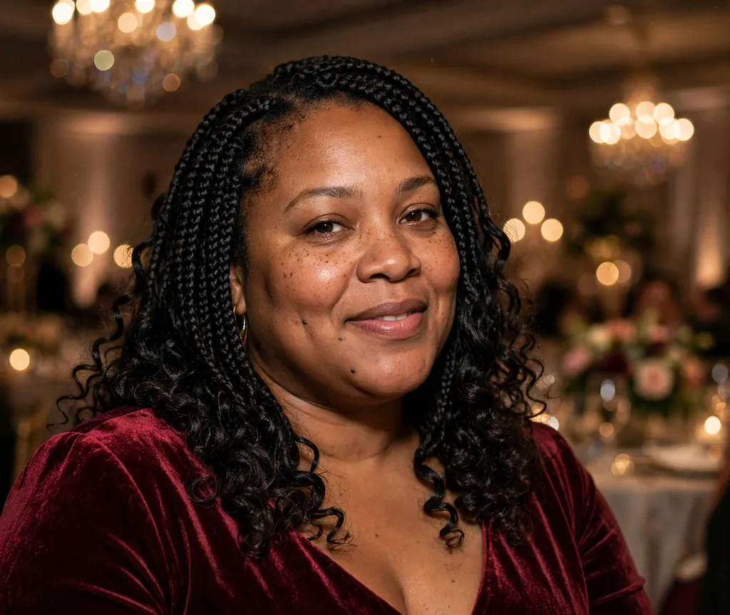Plus size Black woman with box braids with bouncy curly ends in black hair at an evening gala
