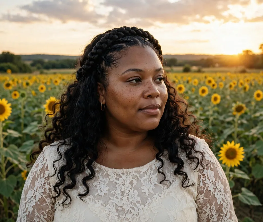Plus size Black woman with a braided crown wrapped around loose curly black hair in a sunflower field