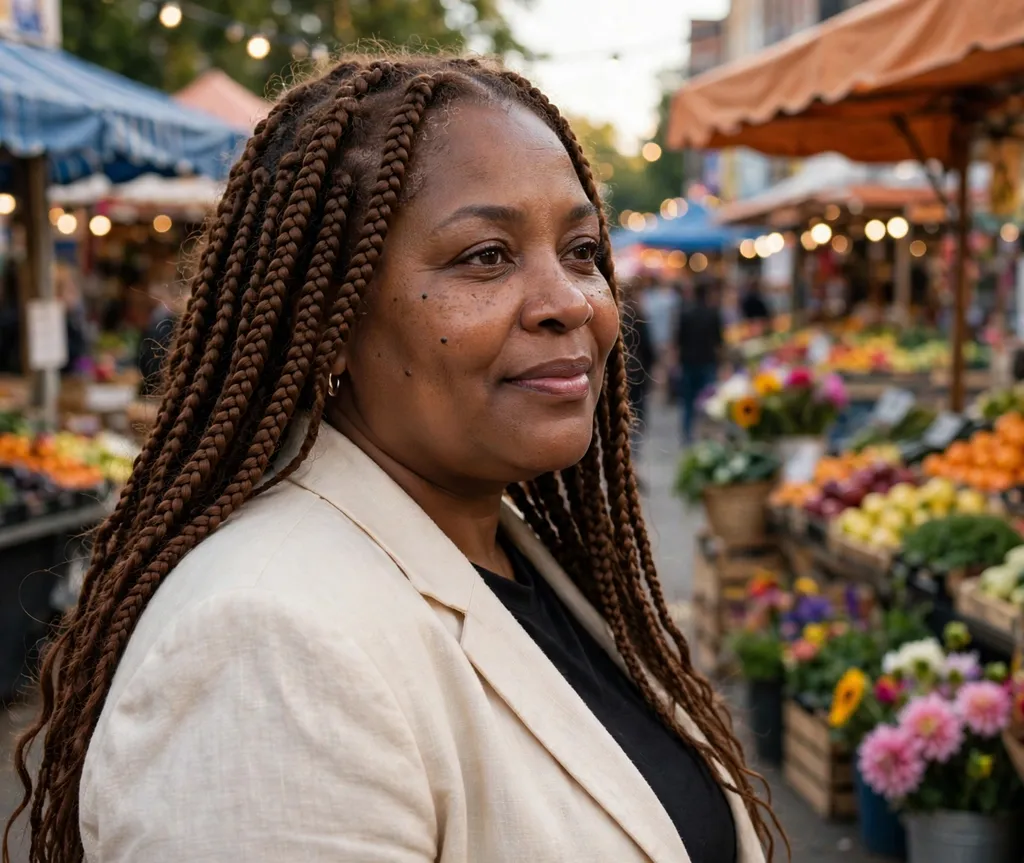 Plus size Black woman with chocolate brown knotless braids past her shoulders at a street fair