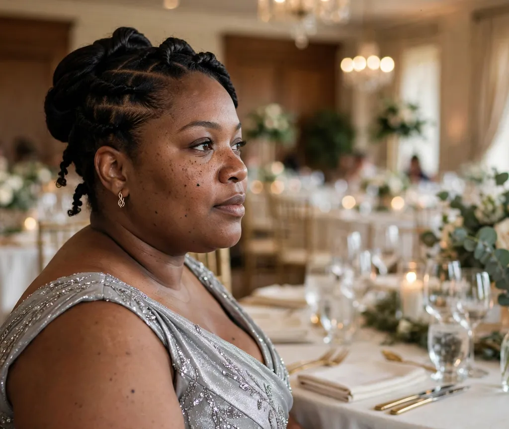 Plus size Black woman with an elegant flat-twist updo in black hair at a formal banquet