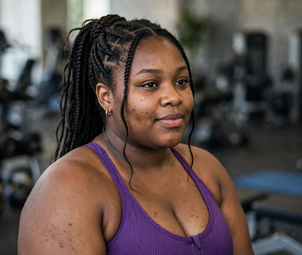 Plus size Black woman with a long braided ponytail wrapped at the base in a gym