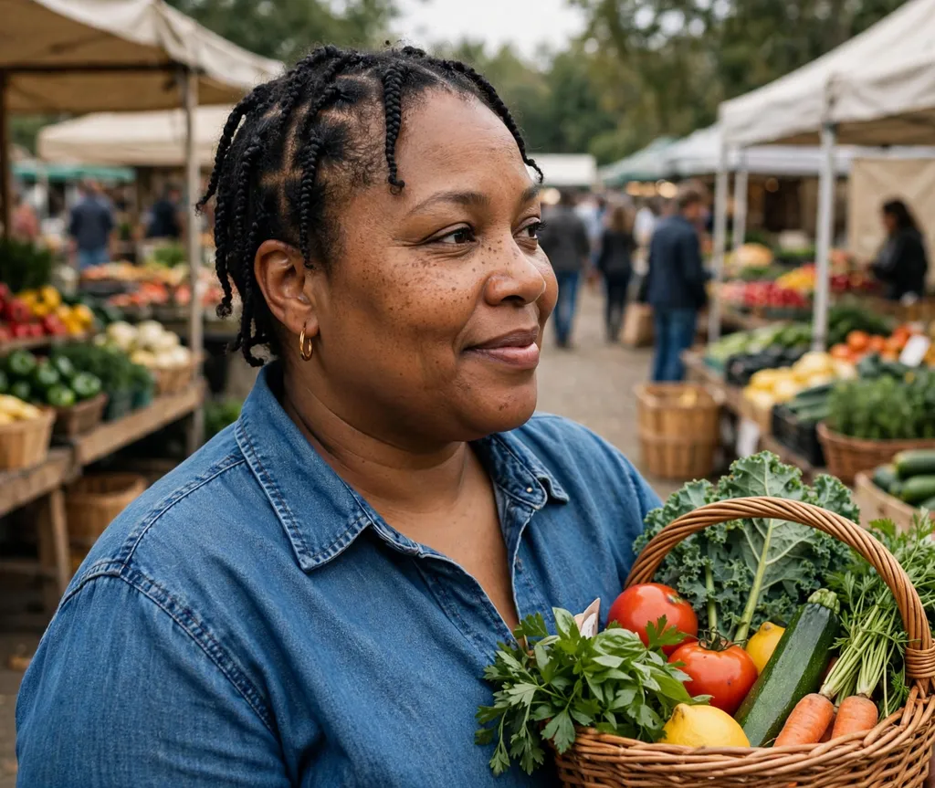 Plus size Black woman with short feed-in braids in black hair at a farmers market