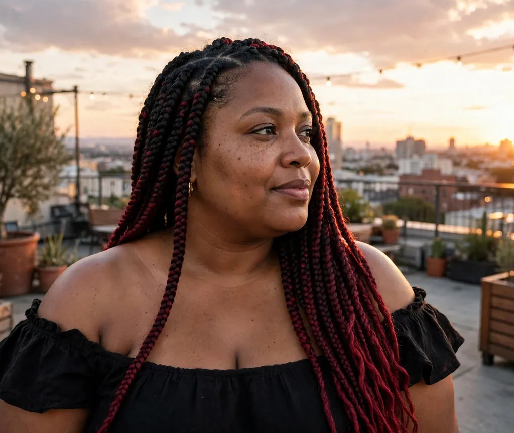 Plus size Black woman with burgundy ombre braids fading from black to deep red on a rooftop at sunset