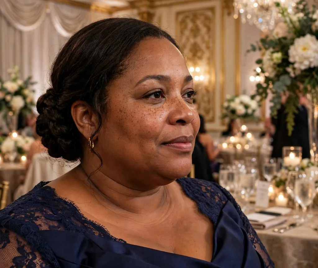 Plus size Black woman with a low braided chignon in dark brown hair at a charity gala