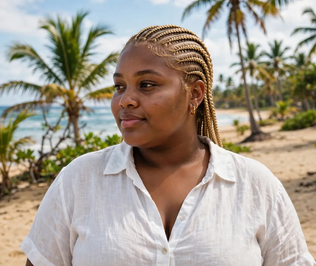 Plus size Black woman with honey blonde cornrows in neat straight-back rows on a tropical beach