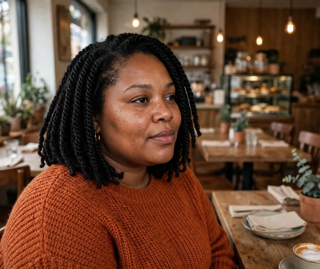 Plus size Black woman with bob-length passion twists in jet black hair at a cozy cafe