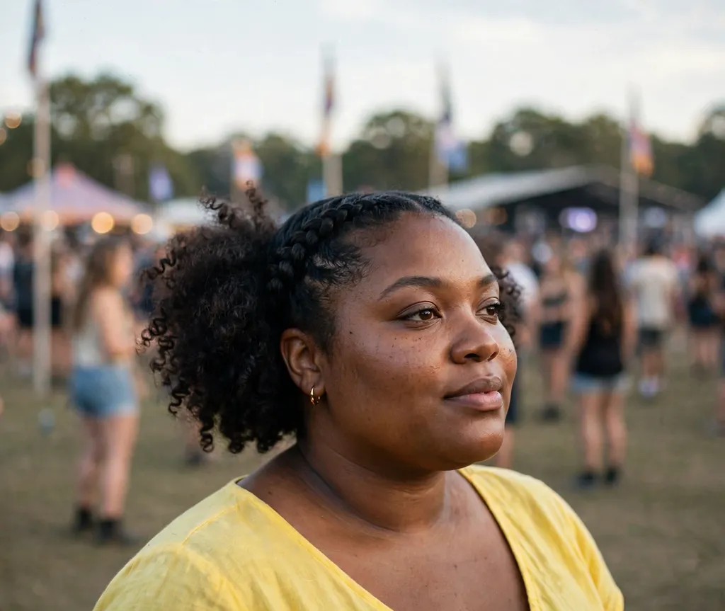 Plus size Black woman with a side braid leading into a curly puff in black hair at a music festival