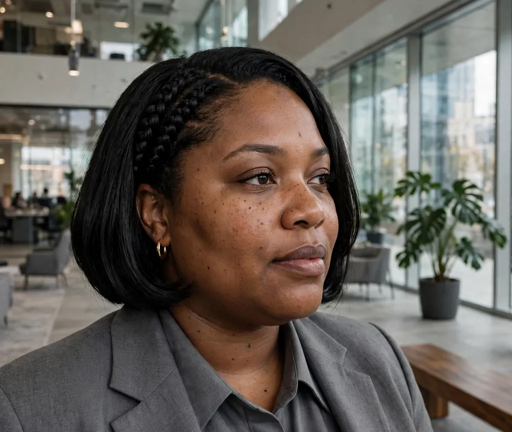 Plus size Black woman with a sleek stitch braid bob in jet black hair in an office lobby