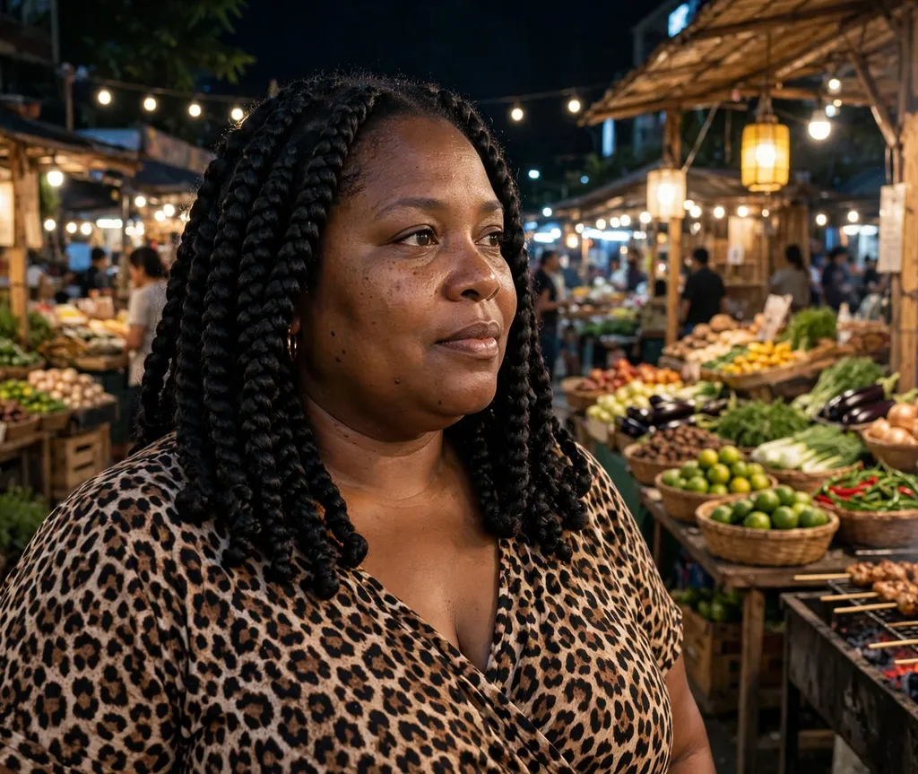 Plus size Black woman with jet black jumbo box braids to her shoulders at a night market