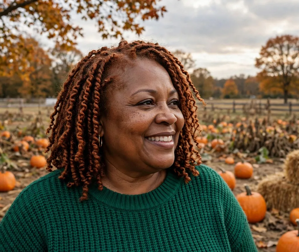 Plus size Black woman with copper kinky twists in shoulder-length hair at a fall pumpkin patch