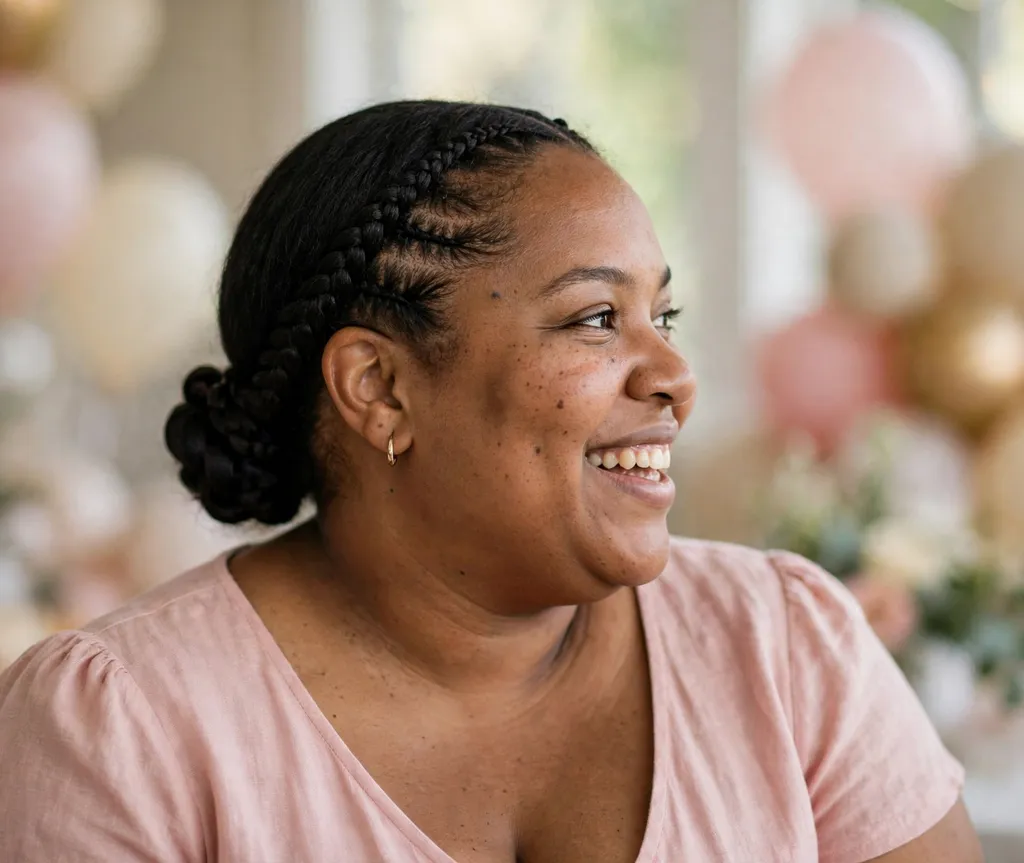 Plus size Black woman with a low braided bun framed by side cornrows in black hair at a baby shower