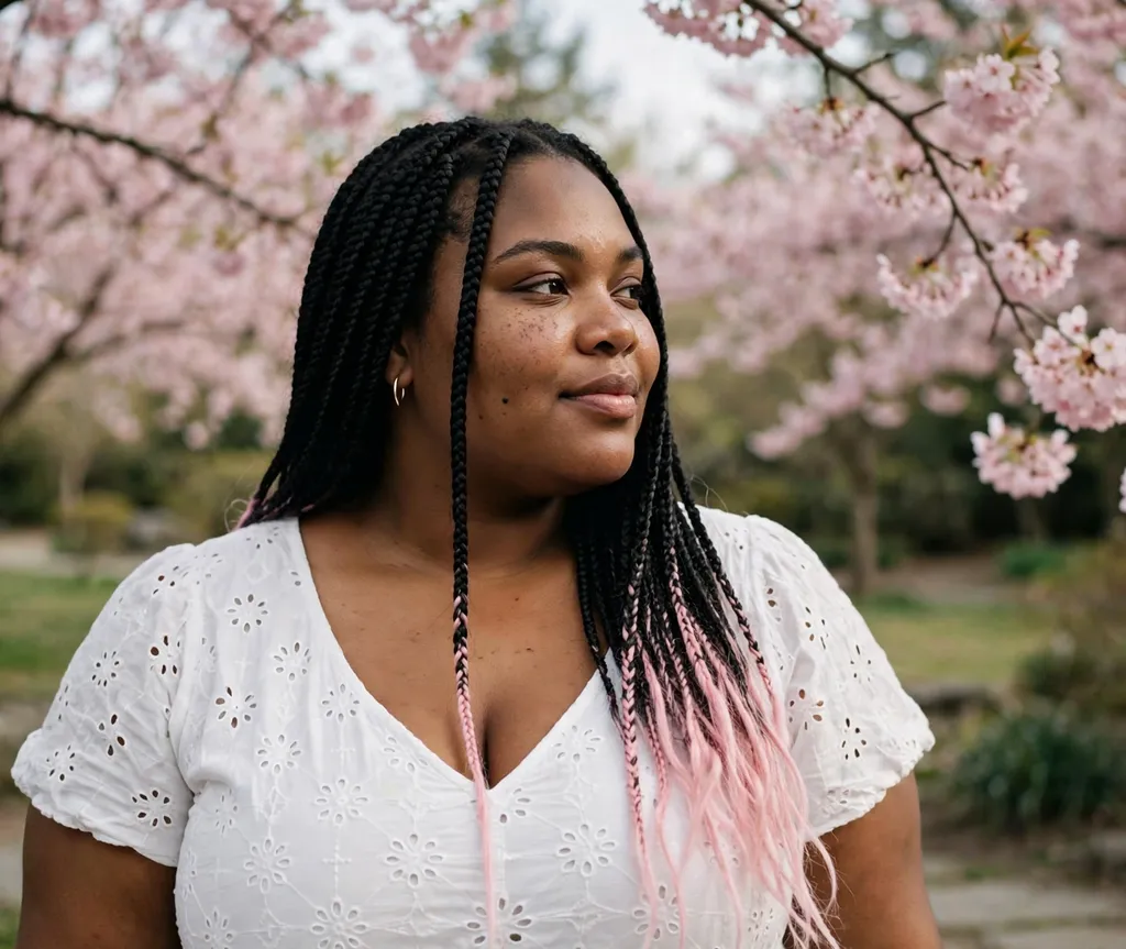 Plus size Black woman with black box braids with pastel pink tips in a cherry blossom garden