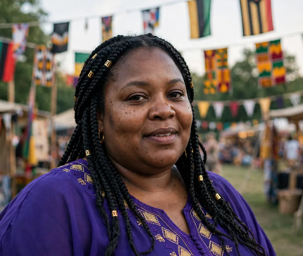 Plus size Black woman with classic medium black box braids with gold cuffs at a cultural festival