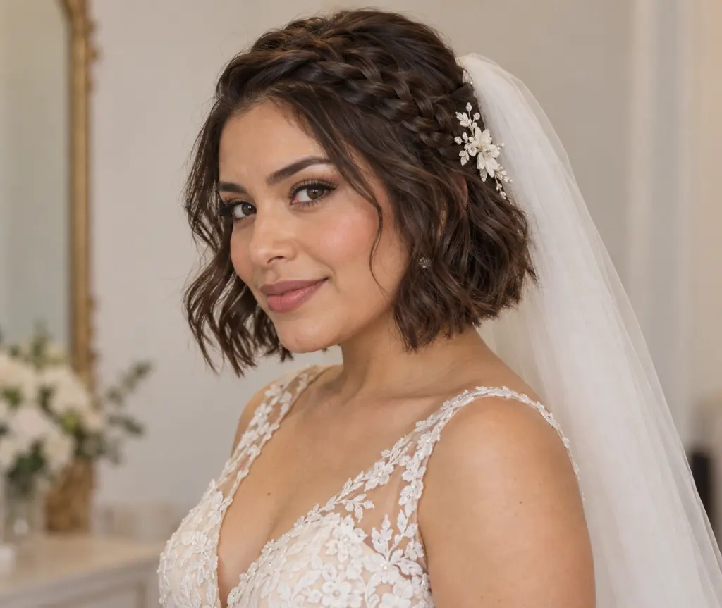 Braided Front Bob with a Floral Barrette and Veil
